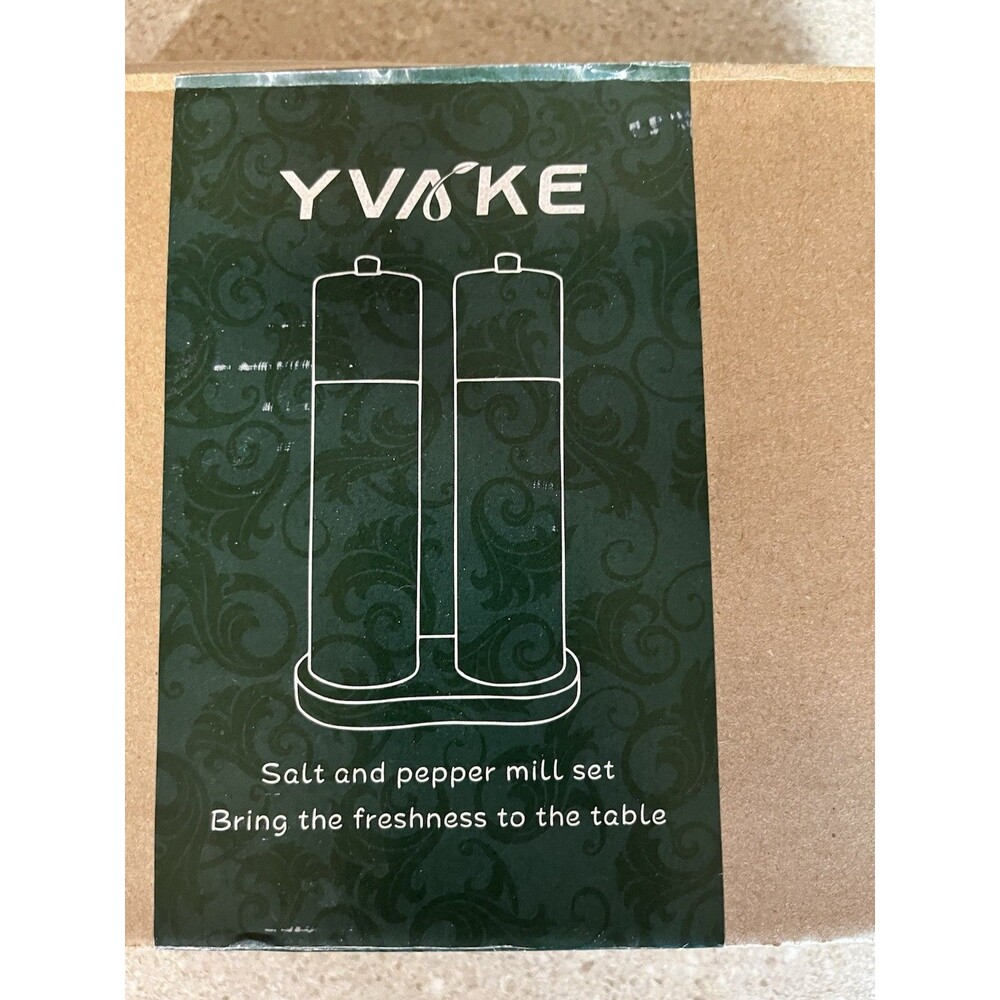 YVKE Wood Manual Salt & Pepper Mill Set w/ Stand, Cleaning Brush & Spoon
